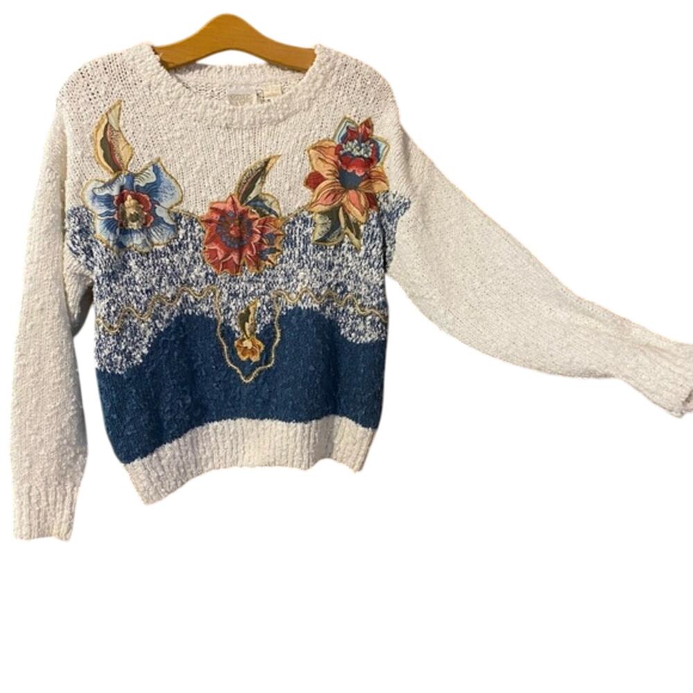 Needles and Yarn Vintage Floral Embroidered Sweater White and Blue large cottage